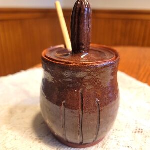 Pottery Honey Jar with Lid And Wood Dipper Signed